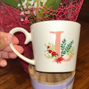 Floral Monogram Mug - Cream with white and light pink floral Accents